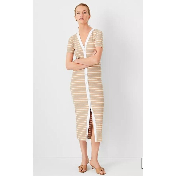 Ann Taylor Weekend V-neck Sheath Dress Striped Bodycon Midi Button Down Petite L - Picture 1 of 16